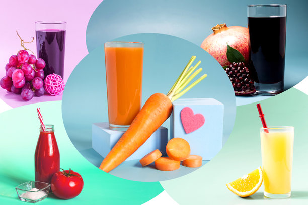不同自然果汁的拼贴照片，背景色彩丰富。图片下载