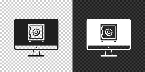 带保险箱的台式电脑。空白背景上的设计图标图片下载