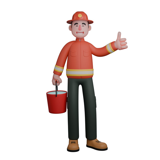 专业3D救援。图为，一名消防员站在那里，右手拿着水桶，另一只手竖起大拇指。男性图片下载