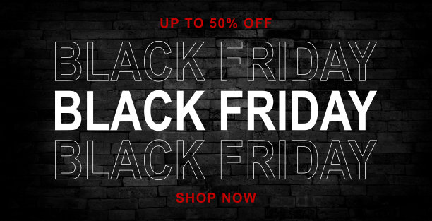 黑色星期五促销横幅。女性手持两个购物袋，背景为红色。图片下载