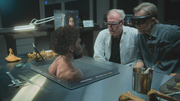 两位科学家戴着虚拟现实头盔进行研究。虚拟人工智能助手和模拟器。图片下载