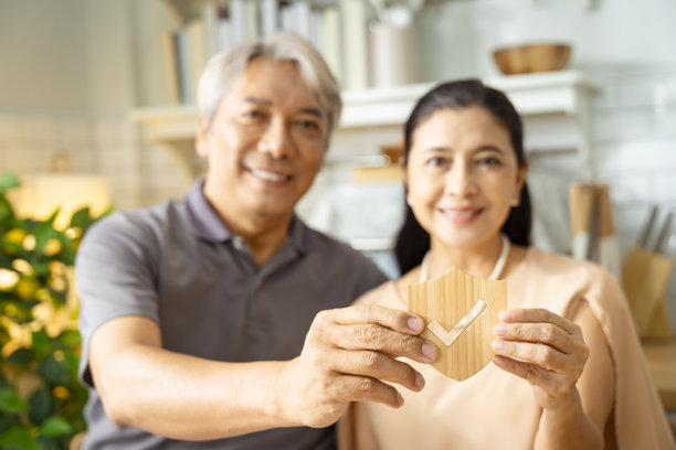 一对退休老人夫妇拿着保险盾牌标志，退休保险，财富积累概念图片下载
