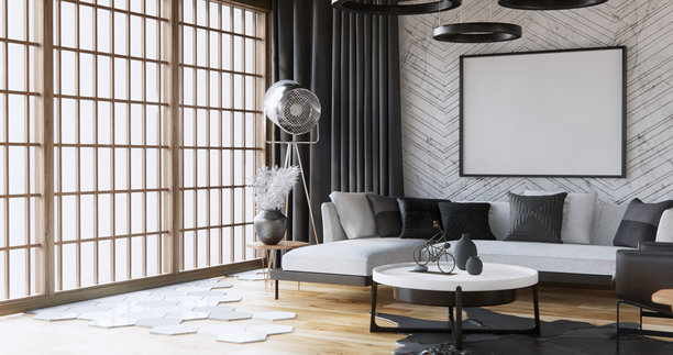 六边形瓷砖墙上的扶手椅沙发和装饰植物现代简约房间。3D渲染图片下载