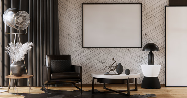 六边形瓷砖墙上的扶手椅沙发和装饰植物现代简约房间。3D渲染图片下载