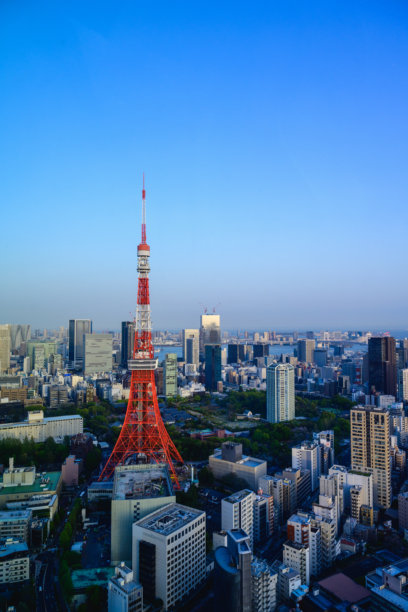 日本东京 - 2024年4月14日：从东京港区的麻布台山免费观景台俯瞰城市景观（东京塔）。图片下载