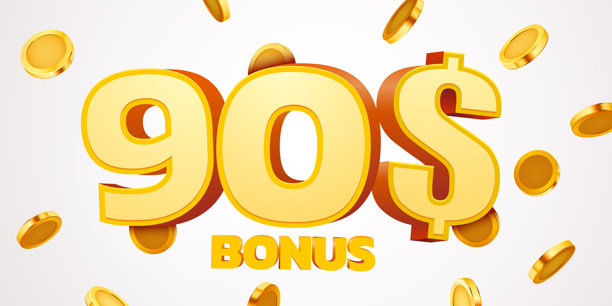 90美元奖金与领奖台和掉落的金币。现金返还或奖品概念。图片下载