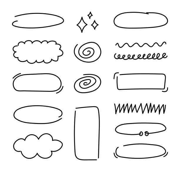 一组黑色手绘框架和涂鸦、对话气泡、螺旋和闪烁。矢量插图，设计元素组。图片下载