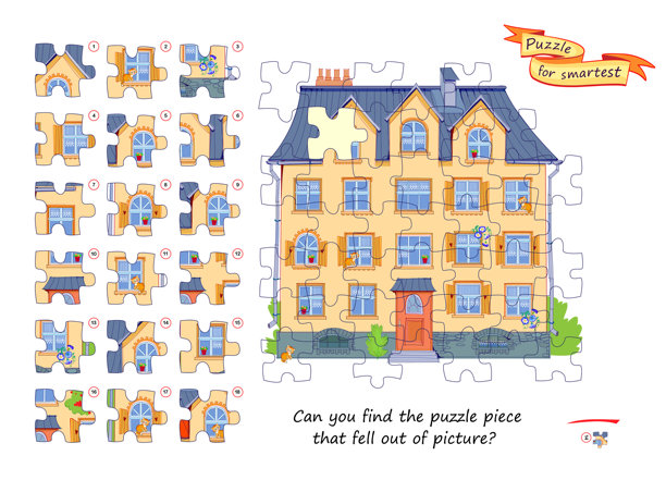 你能找到从图片中掉落的拼图块吗？适合儿童和成人的逻辑游戏。儿童脑筋急转弯书的页面。注意力训练任务。发展空间思维。平面矢量图像。图片下载