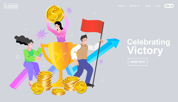 开心的商人赢家与获胜奖杯。图片下载