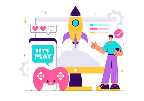 游戏矢量图：程序员在安卓、手机和电脑上玩游戏手柄控制器图片下载