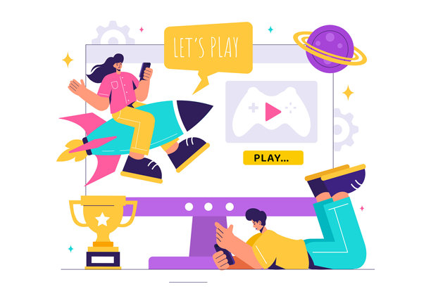 游戏矢量图：程序员在安卓、手机和电脑上玩游戏手柄控制器图片下载