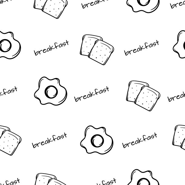 简单的黑白早餐图案，包括炒鸡蛋和吐司。食品的矢量背景。咖啡馆、餐厅、菜单的设计。包装纸的设计。图片下载