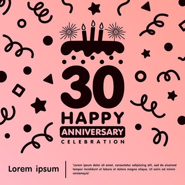 30周年庆典徽章。快乐周年纪念标志，独立的生日蛋糕和蜡烛，配有五彩纸屑线条涂鸦，背景为粉色柔和色调。适用于网页、传单、海报和贺卡的矢量插图设计模板。图片下载