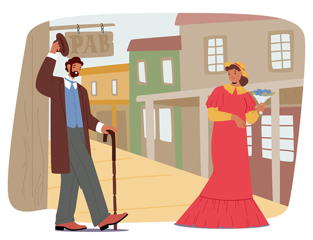 身着复古西部服装的男女走过西部建筑图片下载