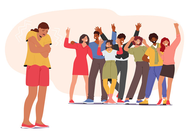 卡通女性角色感到恐惧，一群人欢乐聚集插画图片下载