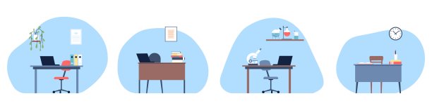 扁平风工作场所场景：办公桌椅、文件夹、笔记本电脑和电脑、科学设备矢量素材图片下载