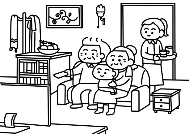 老奶奶和孙子在客厅里放松地涂色图片下载