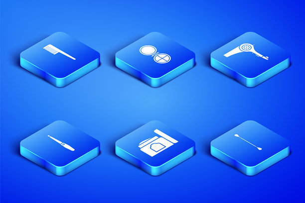 耳用棉签、发刷、化妆霜管、指甲锉、带镜子的化妆粉和吹风机图标。矢量图。图片下载