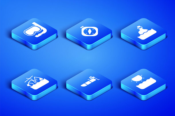 落日、潜水面罩和呼吸管、带马达的充气船、沉没的游轮、指南针和瓶中信息水图标。矢量图。图片下载