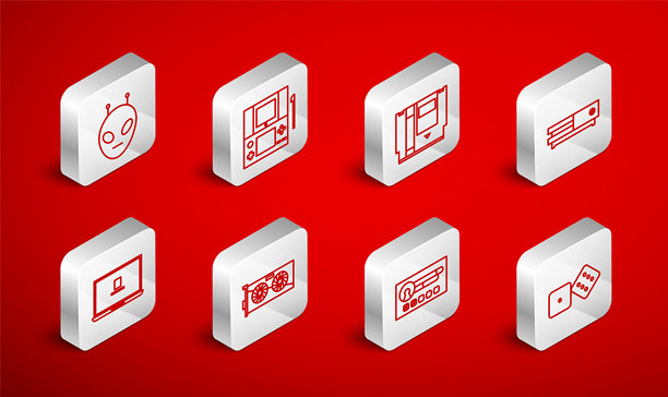 游戏骰子、便携式视频游戏机、卡带、视频、创建账户界面、外星人、显卡和笔记本电脑图标。矢量图。图片下载