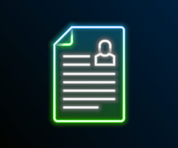 发光的霓虹线简历图标，背景为黑色。求职申请。寻找专业人员。分析个人简历。彩色轮廓概念。矢量图。图片下载