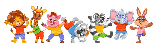 色彩缤纷的卡通动物们穿着有趣的节日服装快乐地一起跳舞。生动的矢量场景包括一只狮子和一只猪。图片下载