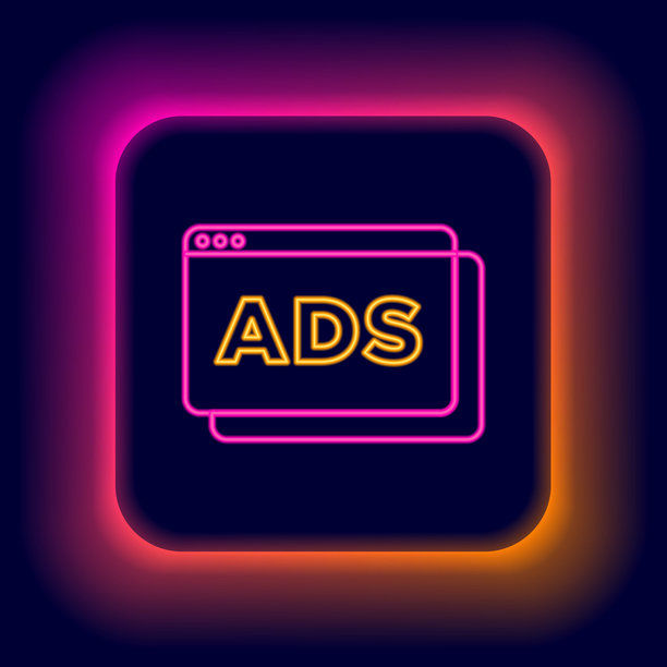 黑色背景上孤立的广告发光霓虹灯线条图标。营销和推广过程概念。响应式广告。社交媒体广告。彩色轮廓概念。矢量素材图片下载