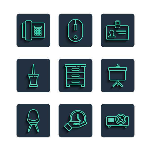 办公椅、时钟、电影放映机、胸牌、文件抽屉、图钉、电话和图表图标矢量素材图片下载