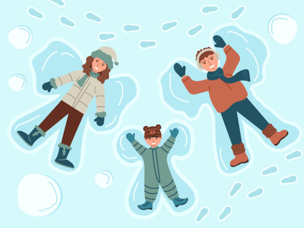 冬天，家庭在雪地里制作雪天使。冬季平坦背景，俯视快乐的家庭。图片下载