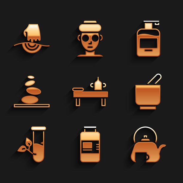 按摩油桌、胶原蛋白精华、茶壶杯、研钵和杵、实验室玻璃叶、热石堆、液体皂瓶和图标矢量素材图片下载