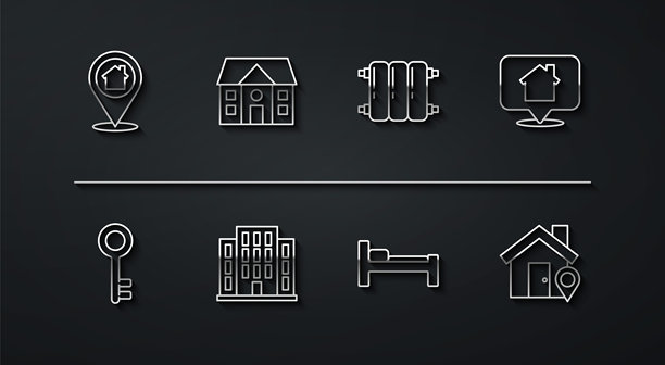 设置带有房屋、房屋钥匙、床和暖气散热器图标的线条位置。矢量图。图片下载