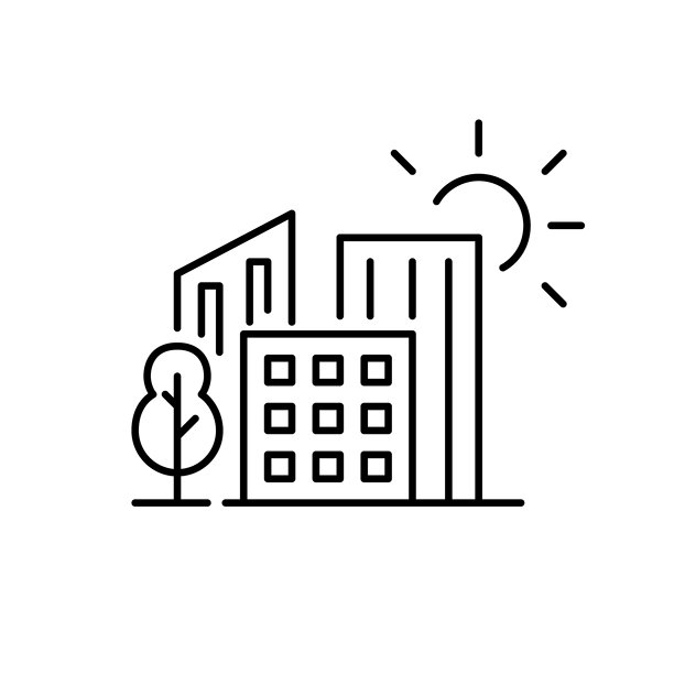 住宅建筑、阳光和树木。智能城市，舒适的可持续生活居所。像素完美，可编辑的线条图标。图片下载
