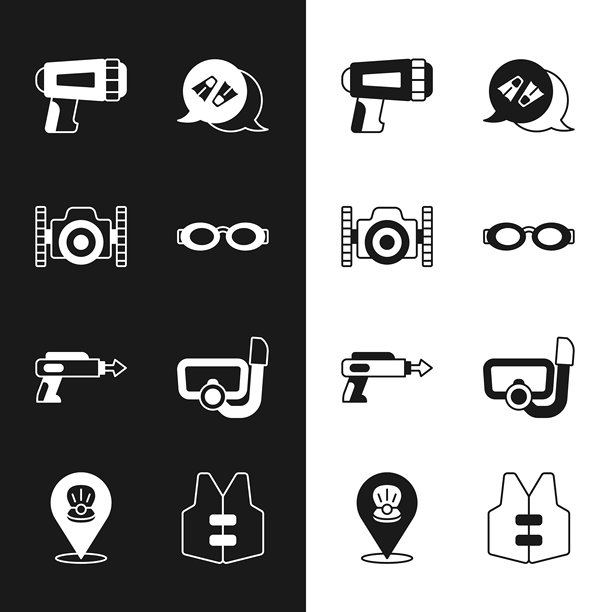 游泳眼镜、潜水相机、手电筒、脚蹼和鱼叉图标图片下载