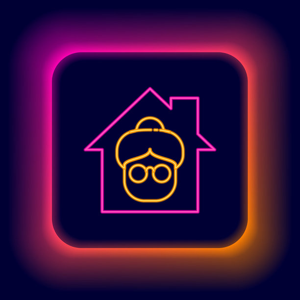 发光的霓虹线养老院建筑图标，背景为黑色。为老年人和病人提供的医疗保健。退休人员中心。彩色轮廓概念。矢量图。图片下载