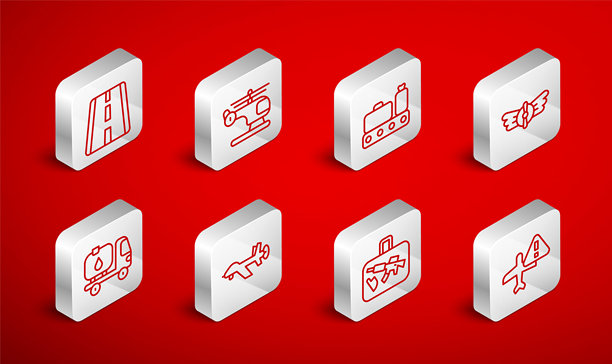 设置线条警告飞机、直升机、带行李的传送带、航空标志、行李、机场跑道、无人机和燃料罐车图标。矢量图。图片下载