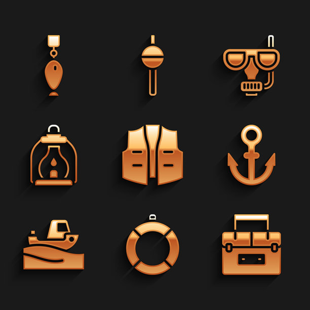 钓鱼夹克、救生圈、渔具箱、船锚等图标矢量素材图片下载