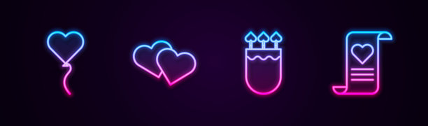 心形气球，箭筒和情人节信封霓虹灯图标矢量素材图片下载