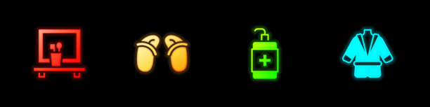 洗手盆镜子、拖鞋、洗手液瓶和浴袍图标。矢量图。图片下载