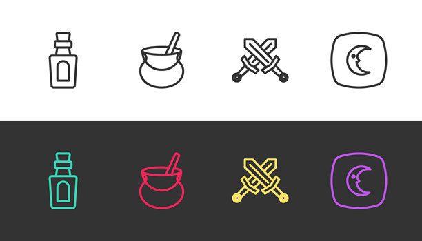 女巫坩埚、中世纪剑和黑白月亮星星图案矢量素材图片下载