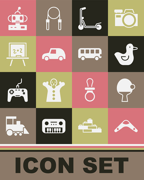 回旋镖、球拍和球、橡皮鸭、滑板车、玩具车、黑板、机器人玩具和公共汽车图标矢量素材图片下载