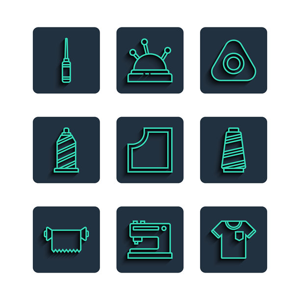 纺织面料卷、缝纫机、T恤、粉笔、图案、线、锥子工具图标矢量素材图片下载