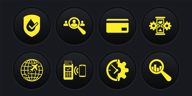 带飞行飞机的地球仪、沙漏和齿轮、POS终端、时钟、信用卡和放大镜搜索人图标。矢量图。图片下载