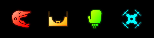 越野摩托车头盔、滑板公园、拳击手套和无人机飞行图标图片下载