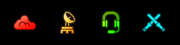 多云天气、雷达、带麦克风的耳机和引导棒图标矢量素材图片下载