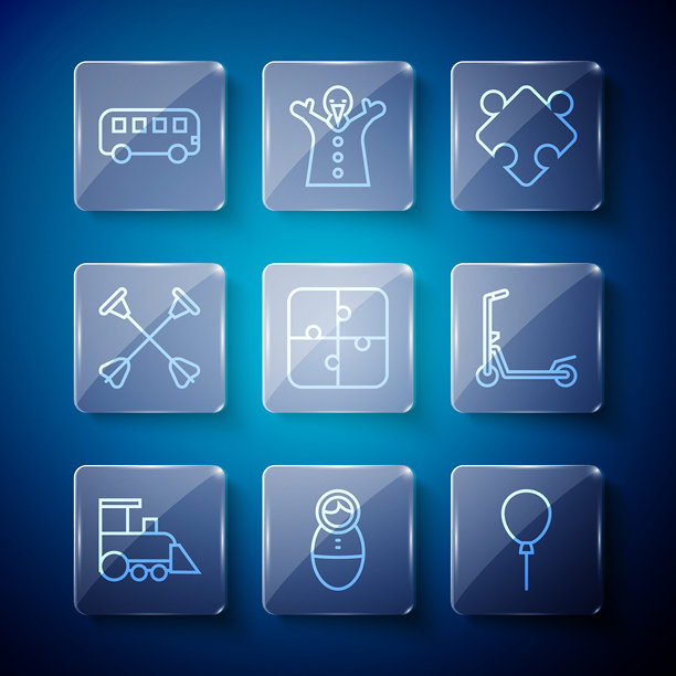 玩具火车、不倒翁玩具、气球、拼图、吸盘箭头、公共汽车和滑板车图标矢量素材图片下载