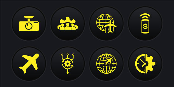 飞机、非接触式支付、算法、带飞行飞机的地球和项目团队基地图标，矢量图图片下载