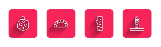 带旗帜的月亮线条、饺子、白桦树和长影子的斯拉夫异教偶像。红色方形按钮。矢量图。图片下载