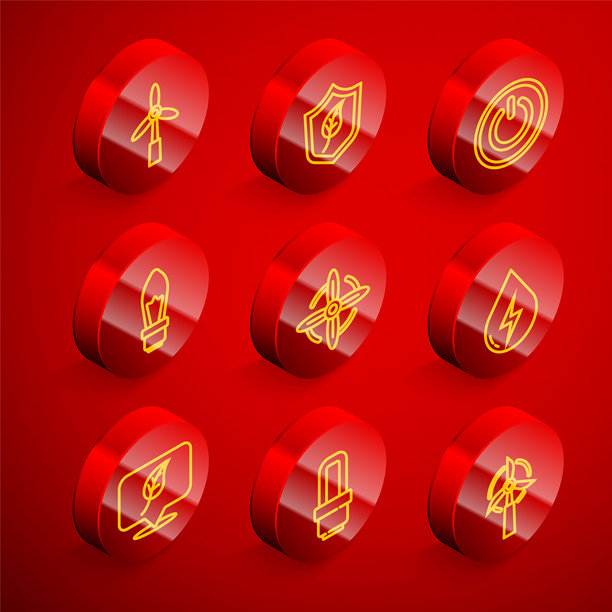 风力涡轮机、带树叶的盾牌、电源按钮、灯泡、水能、位置和LED灯图标组合矢量素材图片下载