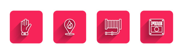 消防手套、带火焰的位置、消防卷盘和警报系统红色方块按钮矢量素材图片下载