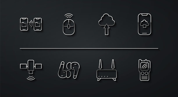 数据传输与存储，卫星，云技术数据，路由器Wi-Fi信号，蓝牙耳机，无线电脑鼠标，对讲机和上传图标。矢量图。图片下载